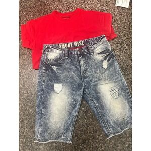 Smoke Rise Mens Red Zipper T-Shirt and Acid Wash Distressed Denim Shorts Set